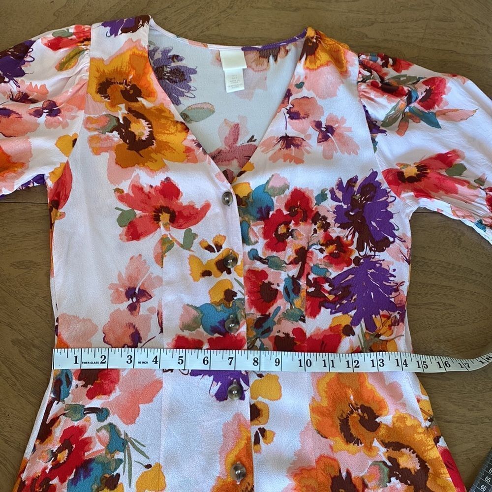 H&M Light Pink Floral Puff Sleeve Fit & Flare Mini Dress Size Small - Picture 8 of 13